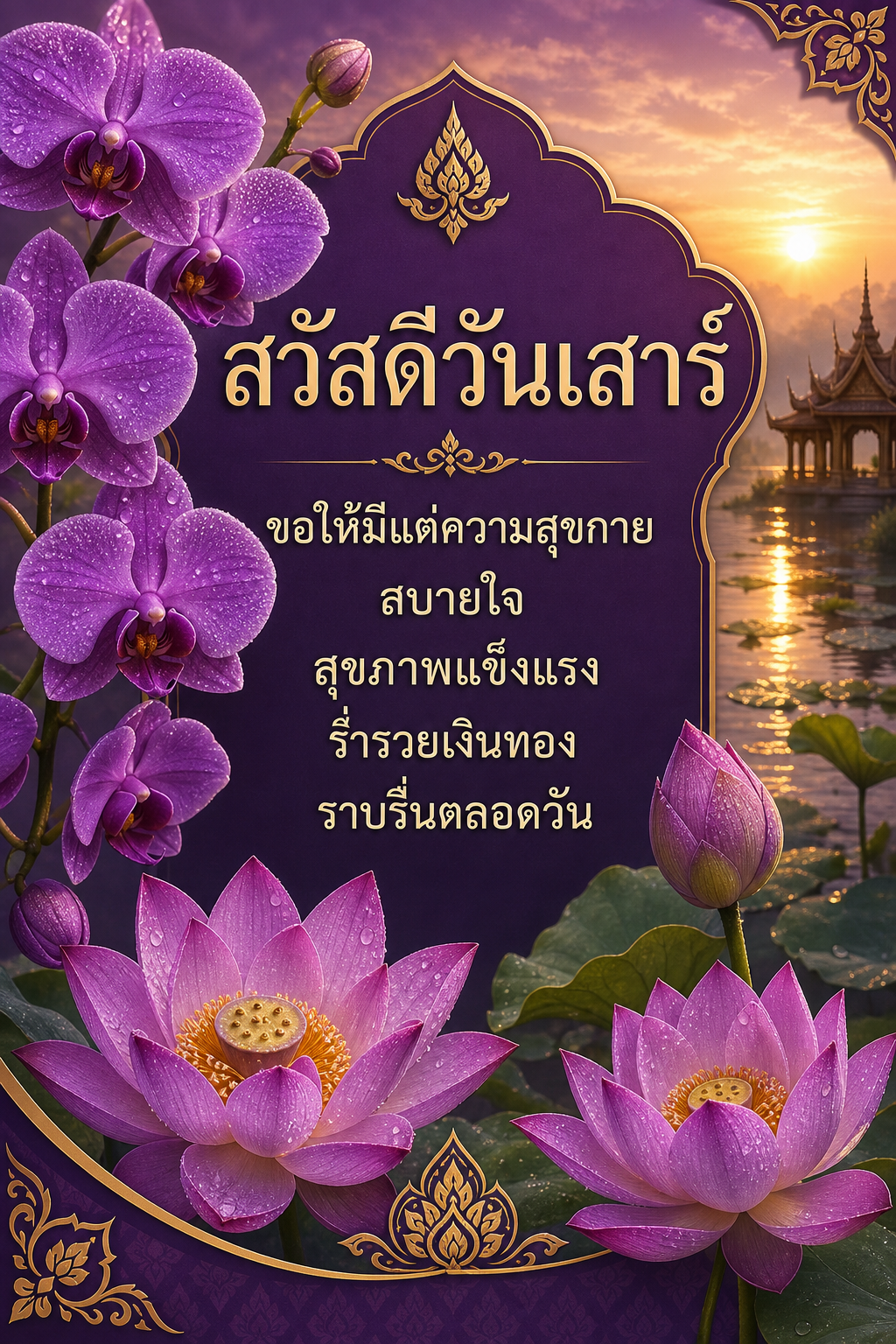 Thai Happy Saturday greeting card with flowers and auspicious wishes